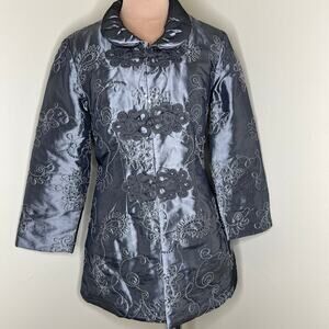Pretty Angel Silk Blend Jacket Small Womens Gray Embellished Chinese Knot Sequin